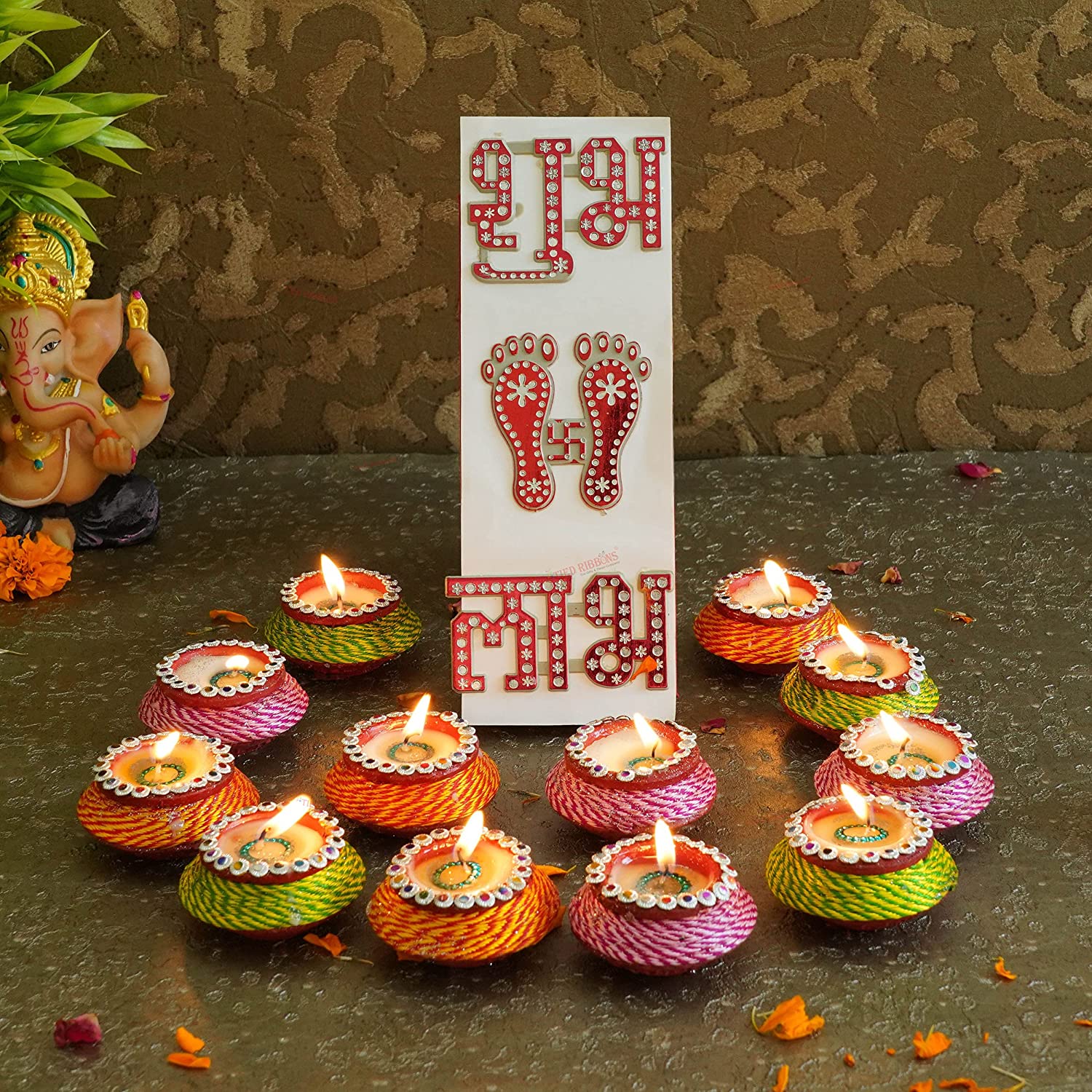 Set of 12 Wax Clay Matki Diya with Shubh Labh Sticker and Charan Paduka Stickers Combo Pack for Diwali 