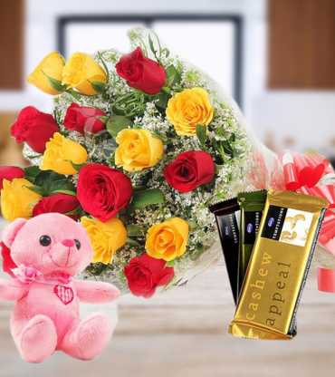 Red Yellow Rose with Chocolate and Teddy