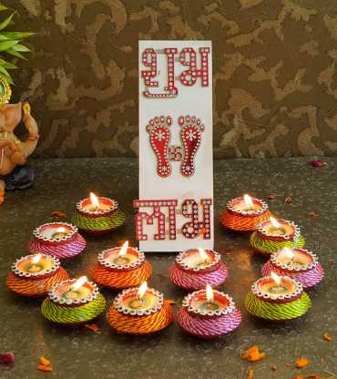 Set of 12 Wax Clay Matki Diya with Shubh Labh Sticker and Charan Paduka Stickers Combo Pack for Diwali 