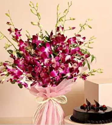 Blue Orchid And Chocolate cake 