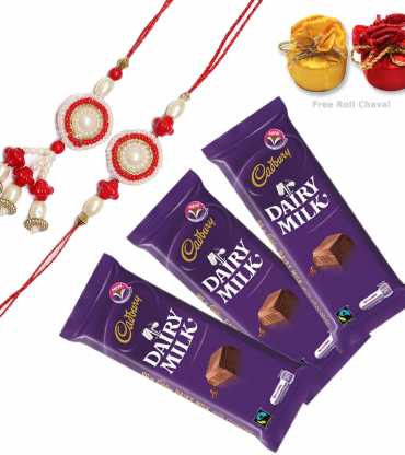 Red Couple Rakhi With Dairy Milk Chocolates