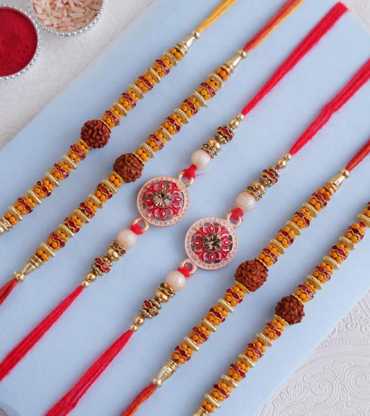 4 Rudraksha And 2 Designer Rakhi