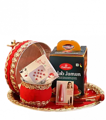  Red Vealvet Puja Thali with Shringar Set With Gulab Jamun