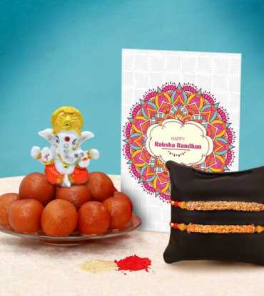 Rakhi With Ganesha Idol and Rakhi Card With Gulab Jamun