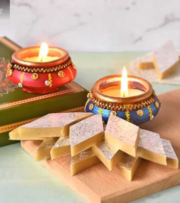 Handmade Clay Matki Diyas with Kaju Katli