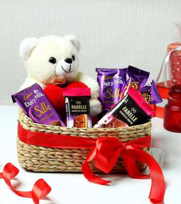Chocolates with Teddy Bear in Seagrass Basket