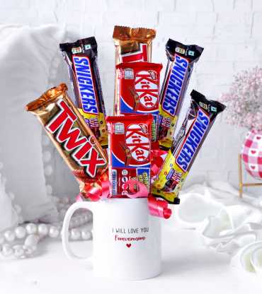 Snickers with Kitkat & Twix Chocolate Arrangement in Mug