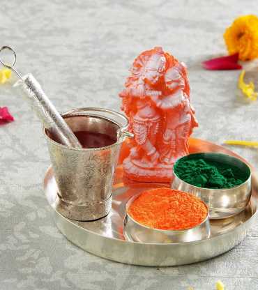 Radha Krishna with pooja Thali and Holi Gulal