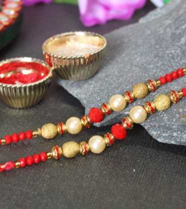 Golden and Red Beaded Designer Pearl Rakhis