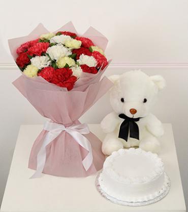 Bunch-of-20-mix-carnations-with-half-kg-vanilla-cake-teddy