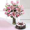 Beautiful-13-pink-roses-3-lilies-with-half-kg-round-black-forest-cake